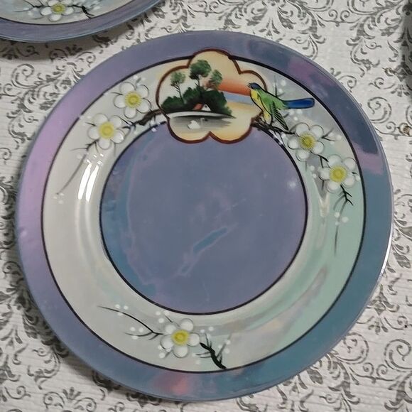 Vintage 40s Lusterware Handpainted Japan 8 Plate Set Blue...